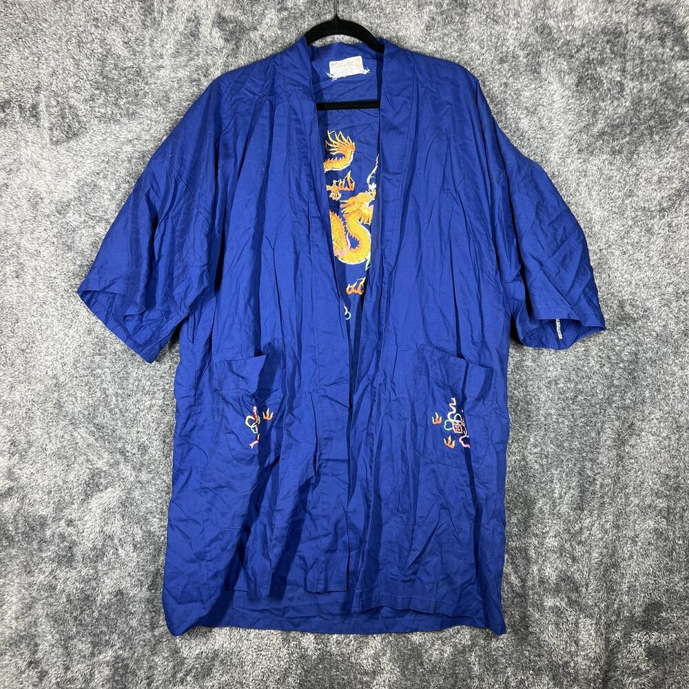 Vintage Health Robe Mens Medium Blue Dragon Embroidered Satin Kimono Sleepwear